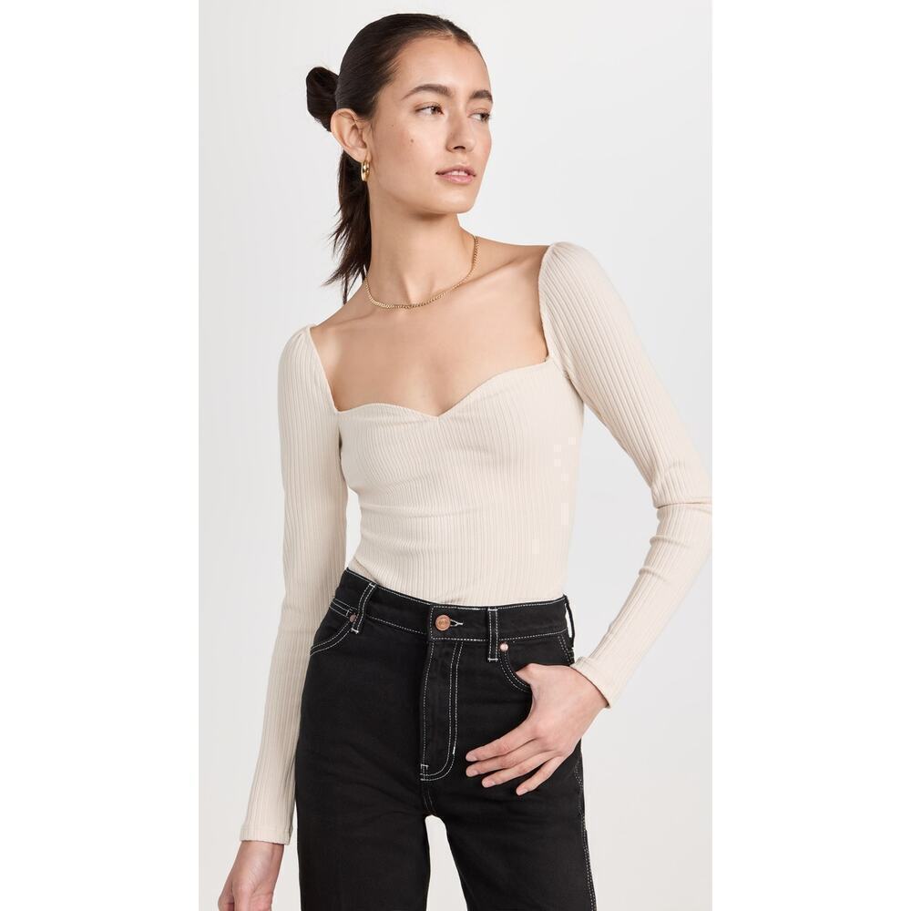 Reformation October Sweetheart Neck Long Sleeve Ribbed Knit Top Bone Cream XL